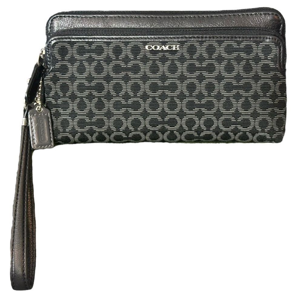 Coach Needlepoint Black and Gray Wristlet Clutch